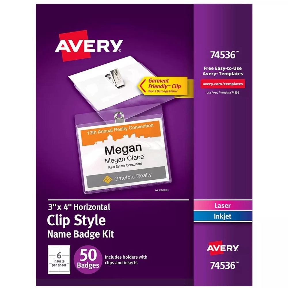 Avery Name Tag Badges with Clips 3 x 4 Holders White Inserts 50 Clip Style 74536